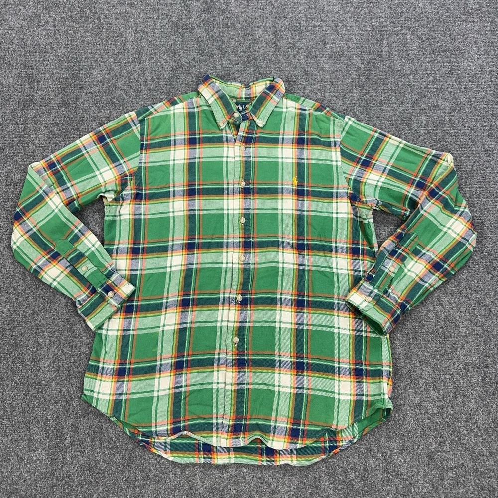 Vintage Ralph Lauren Shirt Mens L Green Plaid Cotton Flannel Button Down